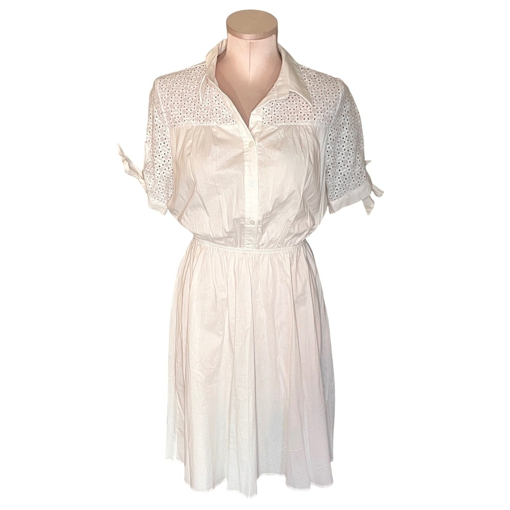 Monteau Los Angeles White Eyelet Lace Button Front Dress Short Sleeve Tie Cuff L